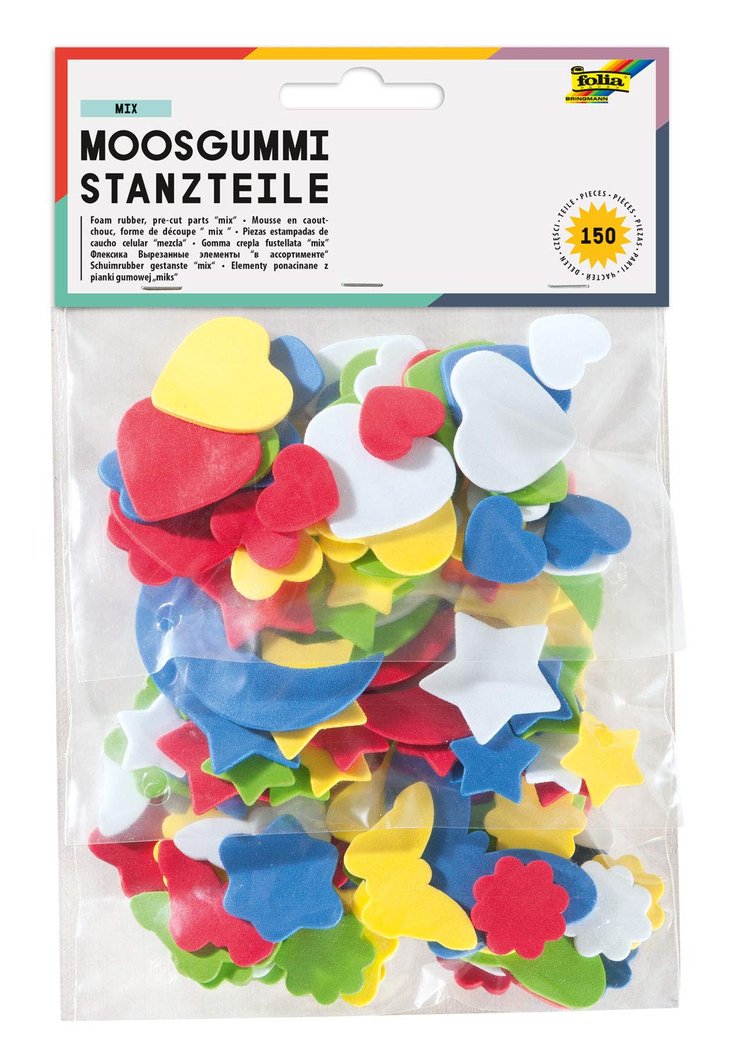 Folia 231509 - Foam Rubber Pre-Cut Parts, 150 Pcs Assorted, Hearts, Stars and Moon, Butterflies and Flowers