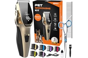 OCPEET Dog Grooming Kit Low Noise，Cordless 4 in 1 Dog Clippers for Grooming Rechargeable Pet Cat Trimmer with 2 Speed,6 Guards,Scissors,Comb for Small Medium Large Pets Dogs Cats Thick Hair Cutting(Gold)