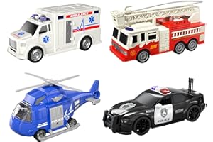 KUKUFUN Emergency Vehicle Toy Playsets 4 Pack, Toddler Trucks Rescue Toys for Boys Age 3-5, Ambulance Car Fire Truck Play Police Car Helicopter with Light and Sound Christmas Birthday Gifts for Boys Girls