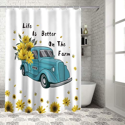 Amazon Com Z L Home Vintage Blue Farm Truck Shower Curtains For Bathroom Decor Yellow Sunflowers Polyester Fabric Waterproof Bath Curtain Set With Hooks 72 78inch Home Kitchen