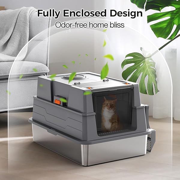 XXXL STAINLESS STEEL LITTER BOX WITH LID,28″ L X 20.5″ W X 16.5″ H EXTRA LARGE CAT LITTER BOX ENCLOSURE FOR LARGE AND MULTI-CATS FAMILIES,NON-STICKY, ANTI-LEAKAGE, EASY TO CLEAN(GRAY)