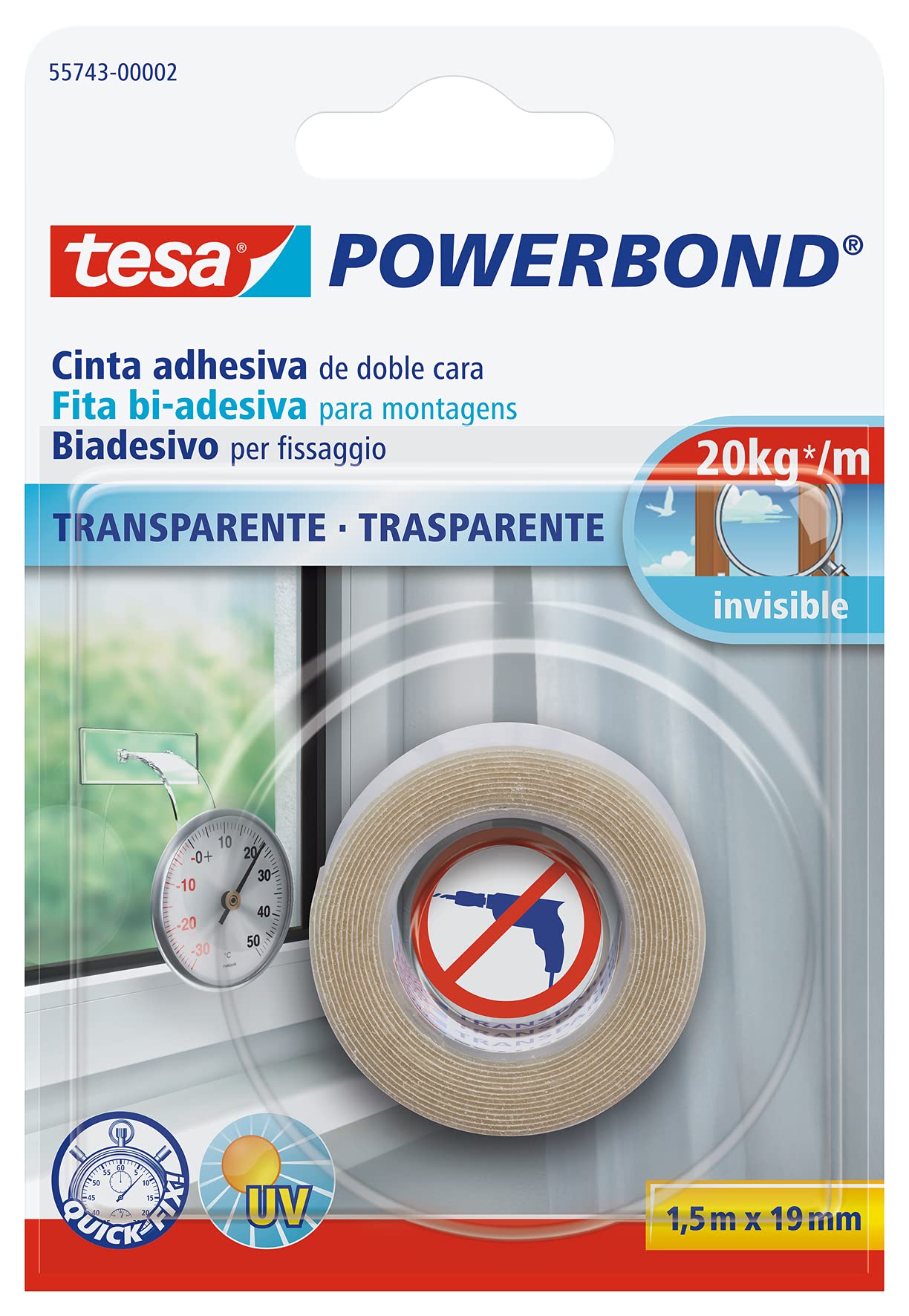Tesa Powerbond 55743-00002-02 Double Sided Adhesive Tape, Strong, 1.5 m: 19 mm, Transparent