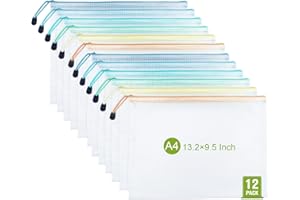 ZILAMGOO 12-Pack A4 Size Mesh Waterproof Zip File Pouch Bags with Lanyard Design, Suited for Board Game & Puzzles Storage, Travel, School Supplies, Office Appliances and Home Organization, 6 Assorted Colors