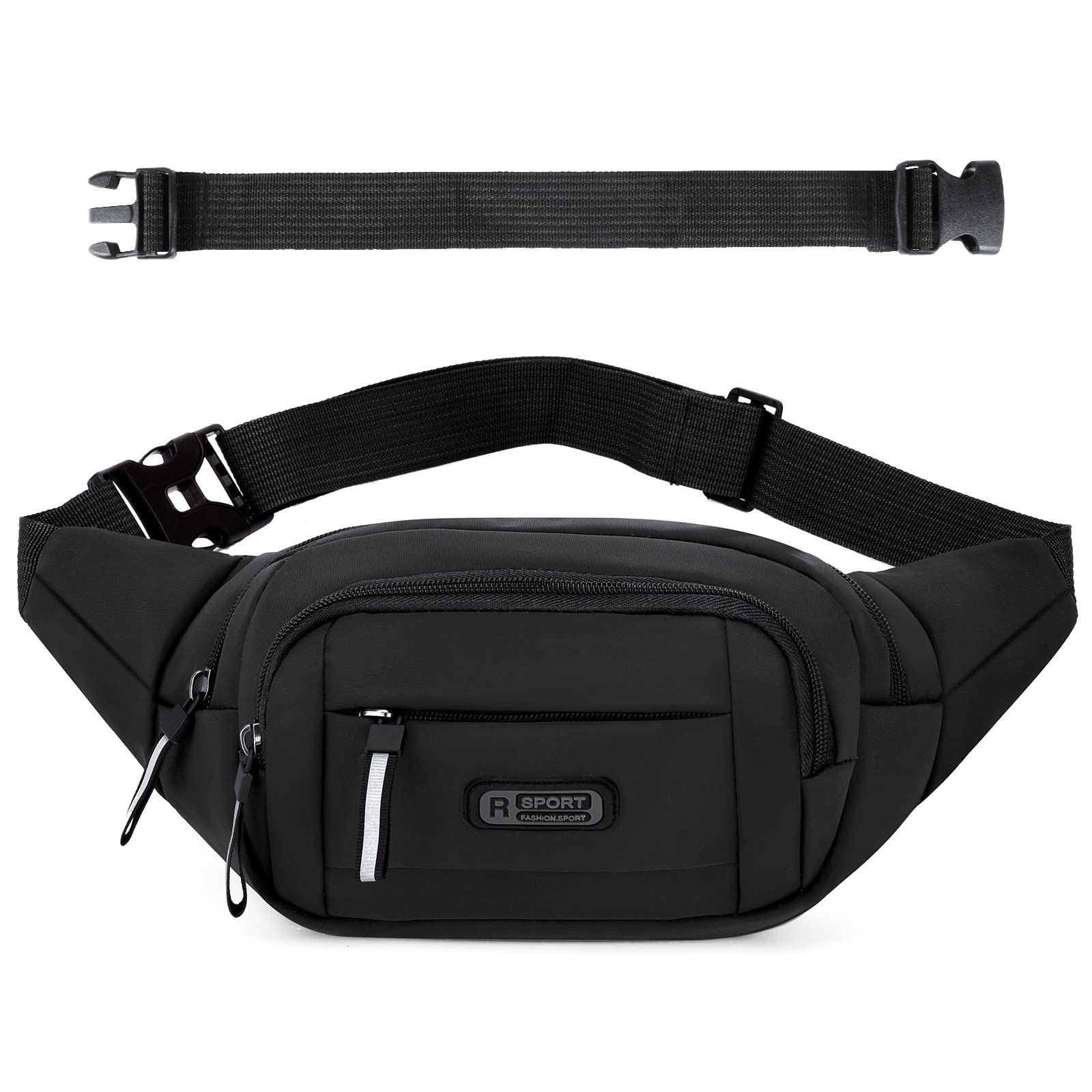 KOMINZZ 4 Pockets Bumbags and Fanny Packs for Women Men Bum Bag with 35cm Extended Belt Large Capacity Waist Bag Waist Packs for Sport Dog Walking Running Hiking Cycling Travel (Black)