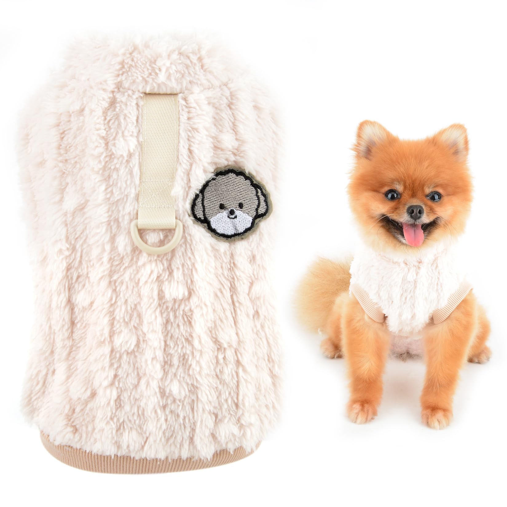 SMALLLEE_LUCKY_STORE Cute Sherpa Fleece Jumper for Small Dog Pet Warm Coat Soft Puppy Pullover with D-Ring Stretchy Sweatshirt Winter Autumn Yorkie Chihuahua Clothes,Khaki,S