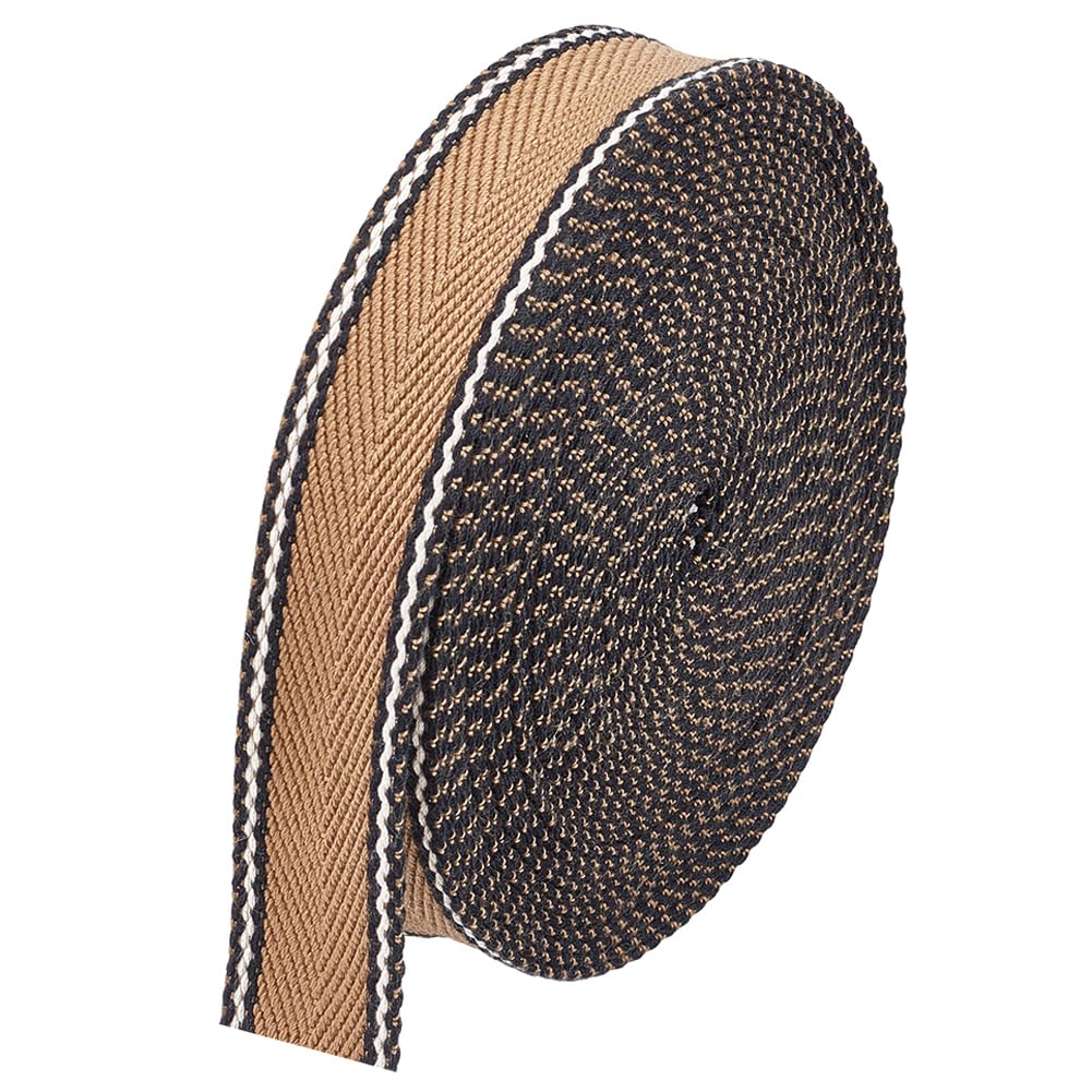 BENECREAT 10 Yards Polyester Cotton Striped Webbing, 32mm Wide Tan Fabric Webbing Trim, Flat Polyester Cotton Webbing for Bag Handles, Belts, Sewing