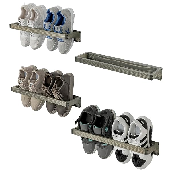 MYGIFT SET OF 4 VINTAGE GRAY SOLID WOOD HANGING SHOE STORAGE ORGANIZER RACKS, WALL MOUNTED SPACE SAVING FOOTWEAR HOLDER FOR CLOSET, MUDROOM, ENTRYWAY, HOLDS 8 PAIRS