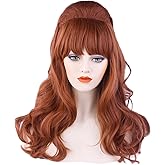 Tongtta Auburn Beehive Wig Long Wavy Ginger Bouffant Synthetic Hair 70s 60s 50s Dress Up Party Wigs for Women Pinup Halloween Costume Wig with Bang