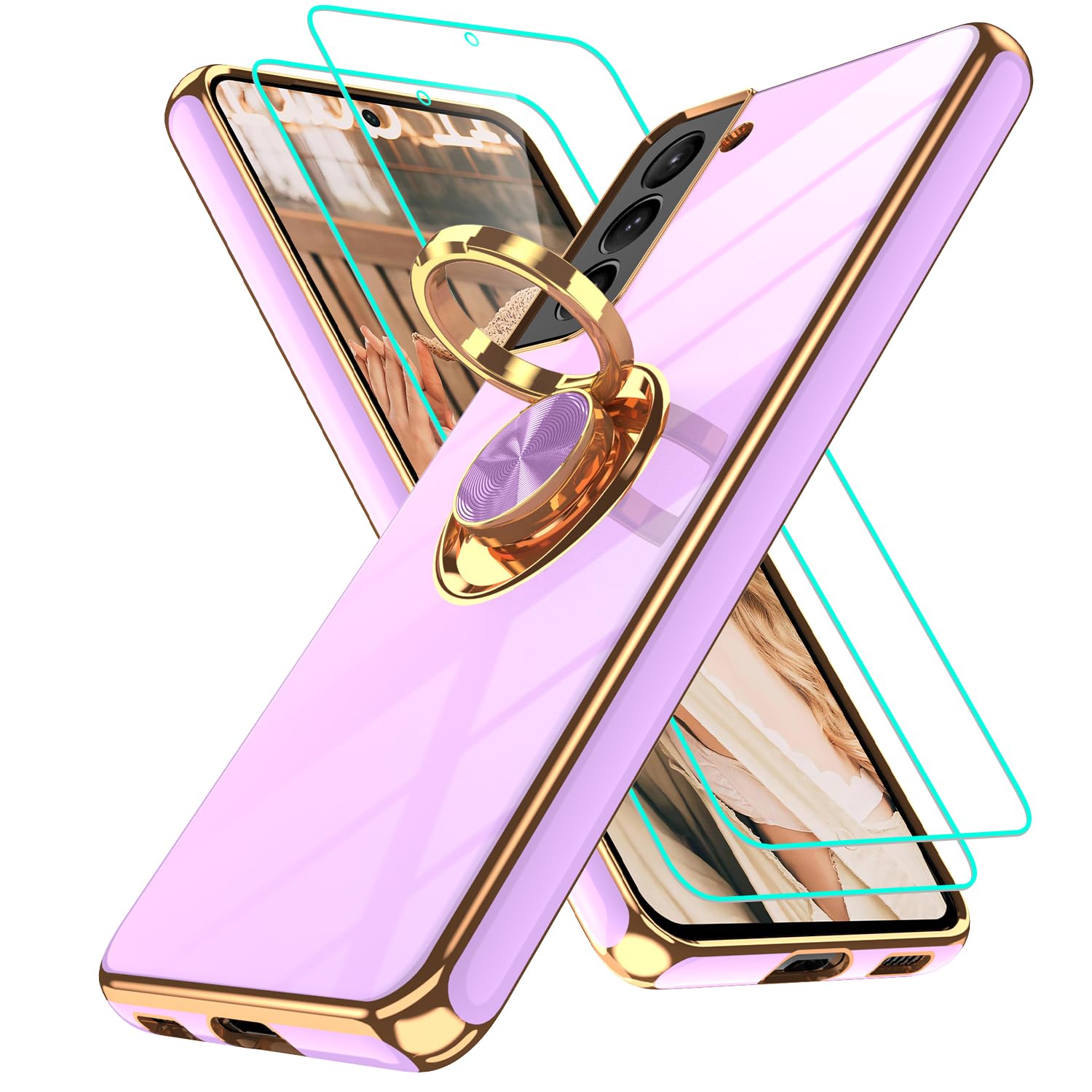 Photo 1 of for Samsung Galaxy S21 Case: with 2Pcs Screen Protector, 360° Rotation Ring Holder Magnetic Kickstand Plating Gold Edge Soft TPU Shockproof Protective Cover for S21, Light Purple