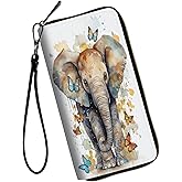 WZCJDHMJ Wallet, Large Capacity Clutch Purse for Unisex-Adults, PU Leather, Card Holder, Butterflies and Elephants, Zipper, 7.48x3.94x0.79 inches