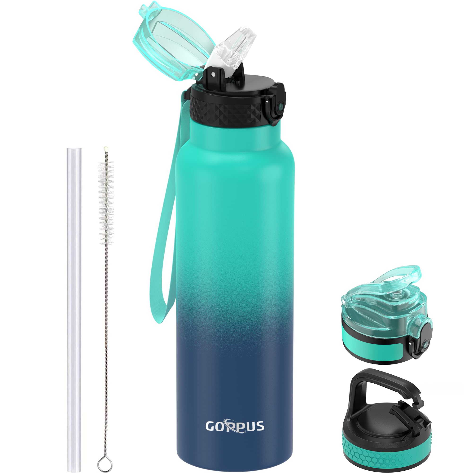 GOPPUS 750ml/26oz Stainless Water Bottle with Straw Double Wall Insulated Bottles with Strap Reusable Vacuum Thermal Flask Leakproof Keep Cold Drinks Bottles with Flip Top Lid for Men Women BPA Free