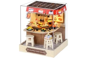 OZJAY DIY Miniature House Kit with Dust Proof Cover, 1:24 Scale Creative Room Mini DIY Wooden Dollhouse Miniature Kit for Adults Teen(Revolving Food House)
