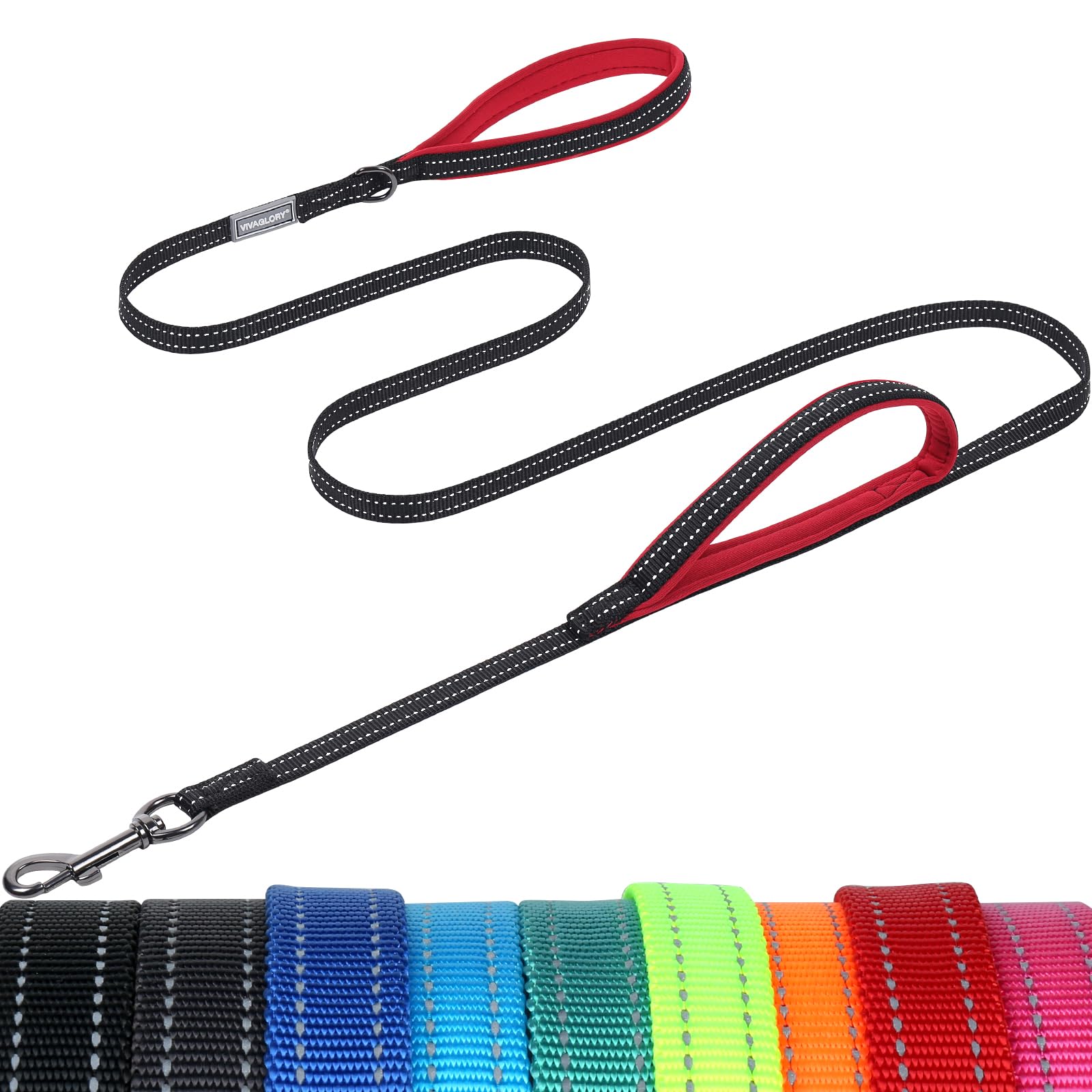 VIVAGLORY Dog Lead Twingrip Double Handle Dog Lead, Leash with Traffic Handle & 2 Loop for Walking & Training, Traffic Control Reflective Heavy Duty for Puppy Pet, 1.2m x 1.4cm, Black