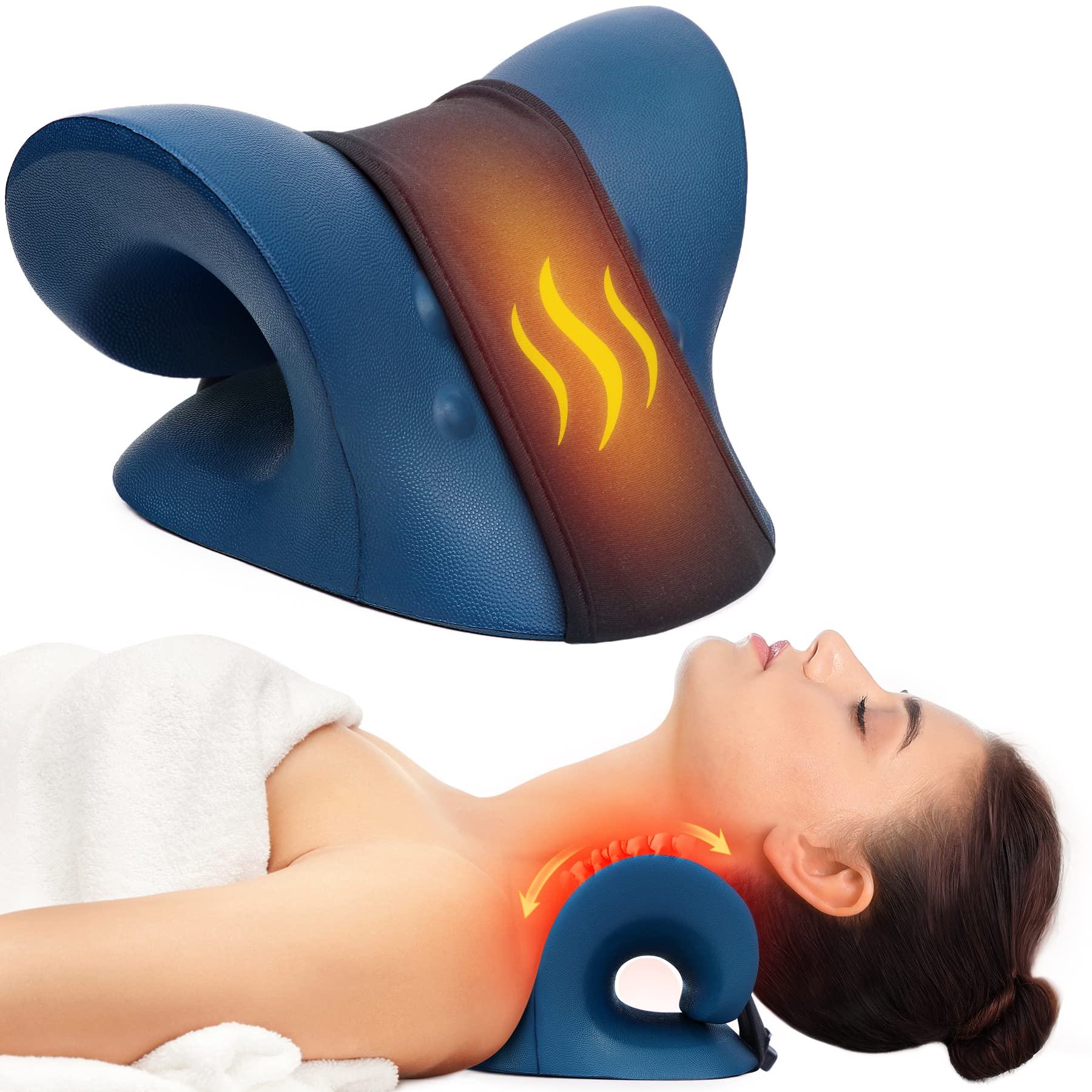 Photo 1 of Neck Stretcher for Neck Pain Relief, Heated Cervical Traction Device Pillow with Graphene Heating Pad, Neck and Shoulder Relaxer for TMJ Pain Relief and Cervical Spine Alignment (Dark Blue)