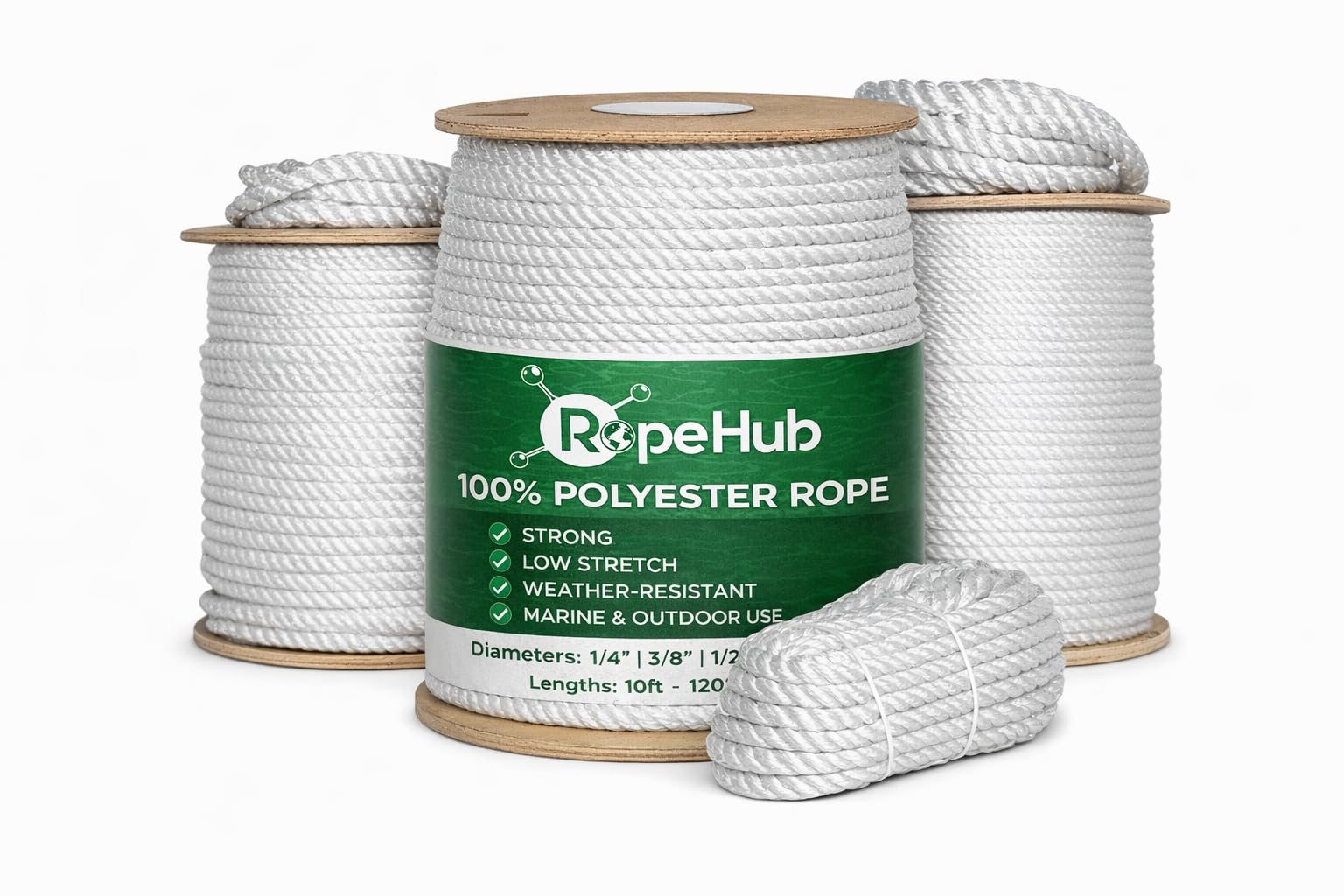 SGT KNOTS Twisted Polyester Rope 1/4", 3/8", 1/2", 5/8", 3/4", 1", 1.25", 1.5", 2" x Several Lengths (3/8"x10' - White)