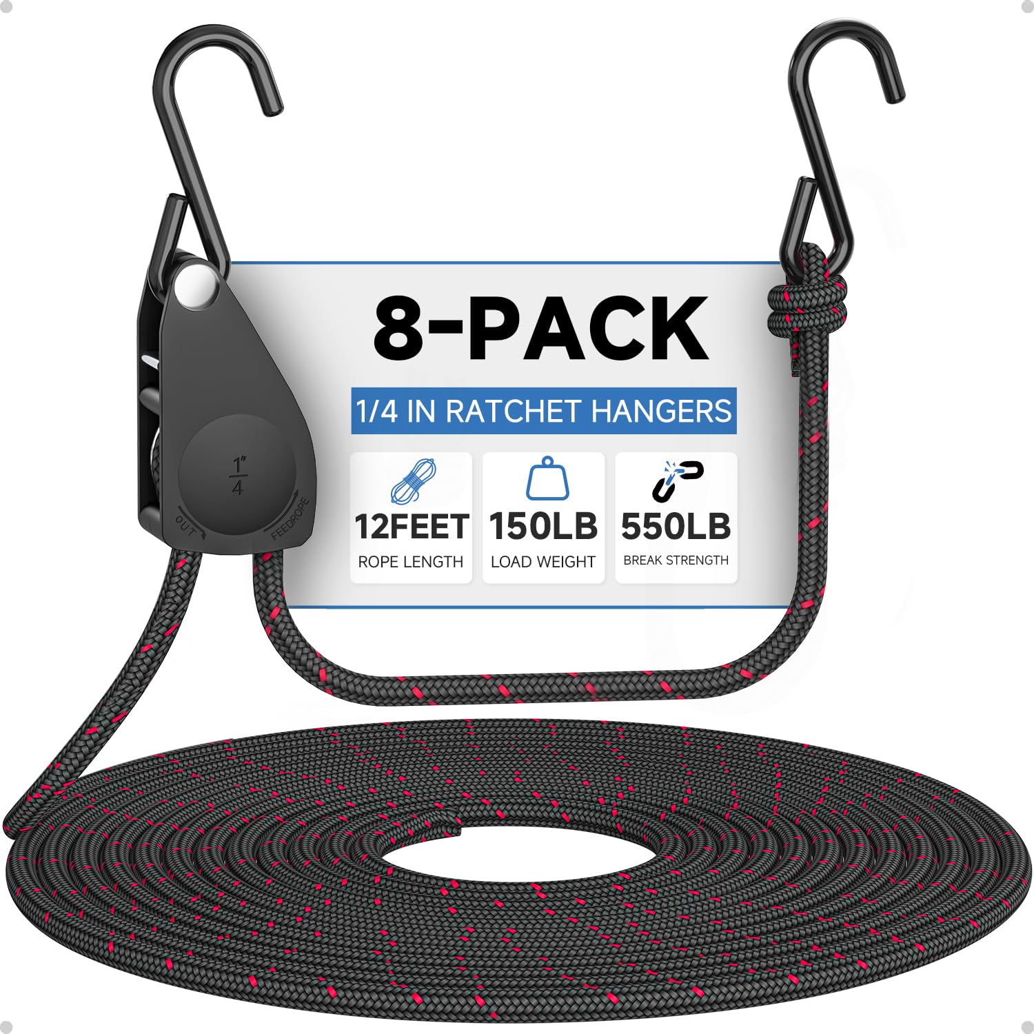 Fondwell 1/4" Tie Downs Ratchet Straps: 8 Pack of Heavy Duty Adjustable Rope Hangers for Various Hanging and Strapping Image Fondwell 1/4" Tie Downs Ratchet Straps: 8 Pack of Heavy Duty Adjustable Rope Hangers for Various Hanging and Strapping Image