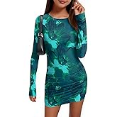 MITILLY Girls Ruched Bodycon Mini Dress Teens Long Sleeve Cocktail Party Dance Formal Floral Mesh Tight Short Dresses
