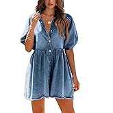 Pepochic Womens Summer Denim Dress Button Down Short Sleeve Babydoll Dress Puff Sleeve Flowy Jean Dress