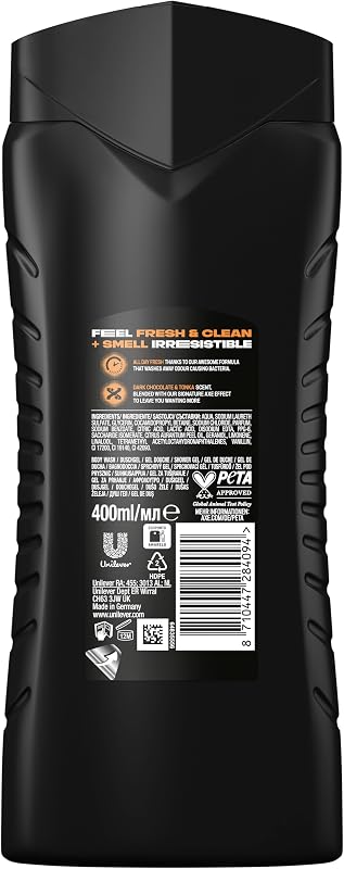 Axe gel de banho e shampoo para homens dark temptation 3 em 1 400ml - pacote de 4