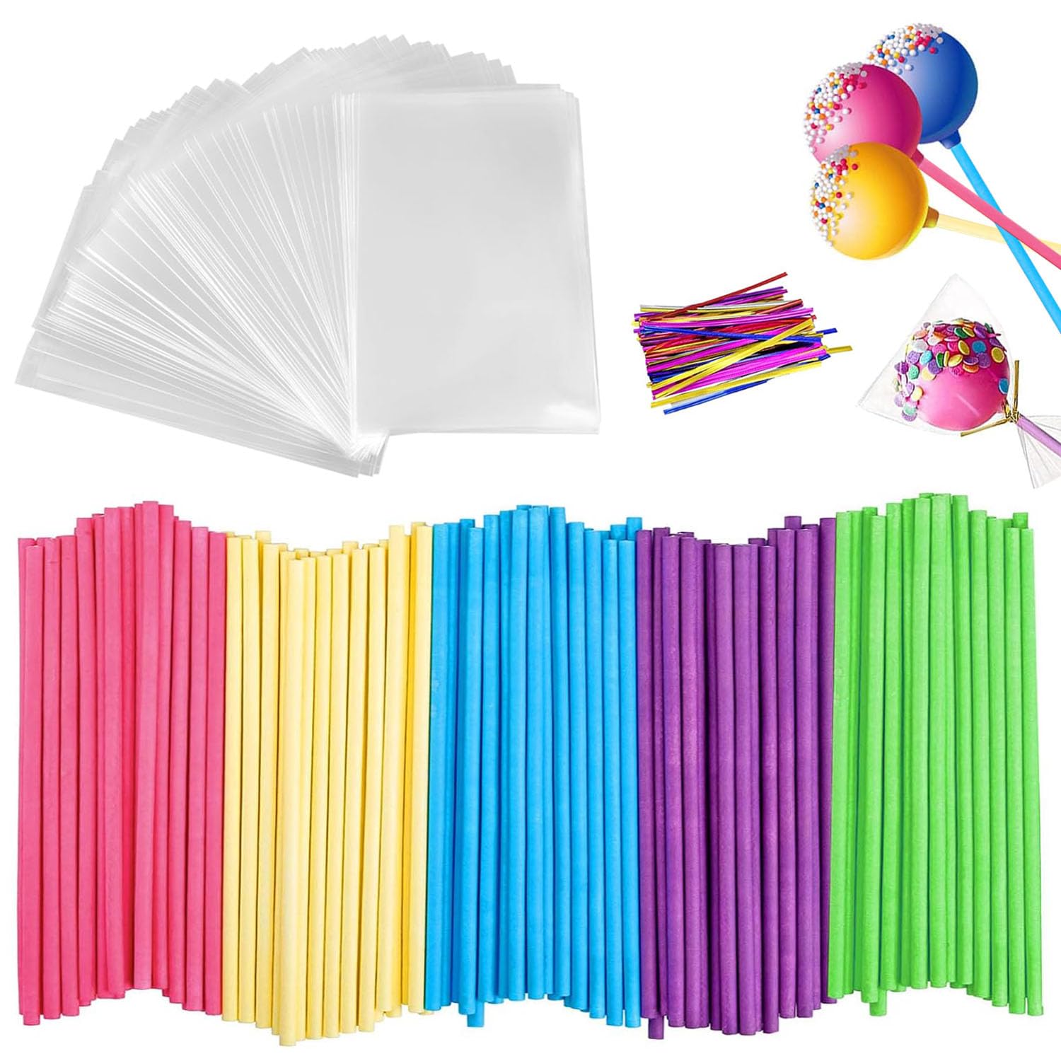 sinzau Cake Pop Sticks for DIY Crafts: 300Pcs Colourful Paper Lollipop Sticks Kit with Package Bags and Metallic Twist - Perfect for Making and Decorating Candies, Chocolates and Cookies