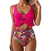 B2prity Womens One Piece Swimsuit Tummy Control Ruffled Bathing Suit V Neck Cutout Swim Suit Tie Back Swimwear