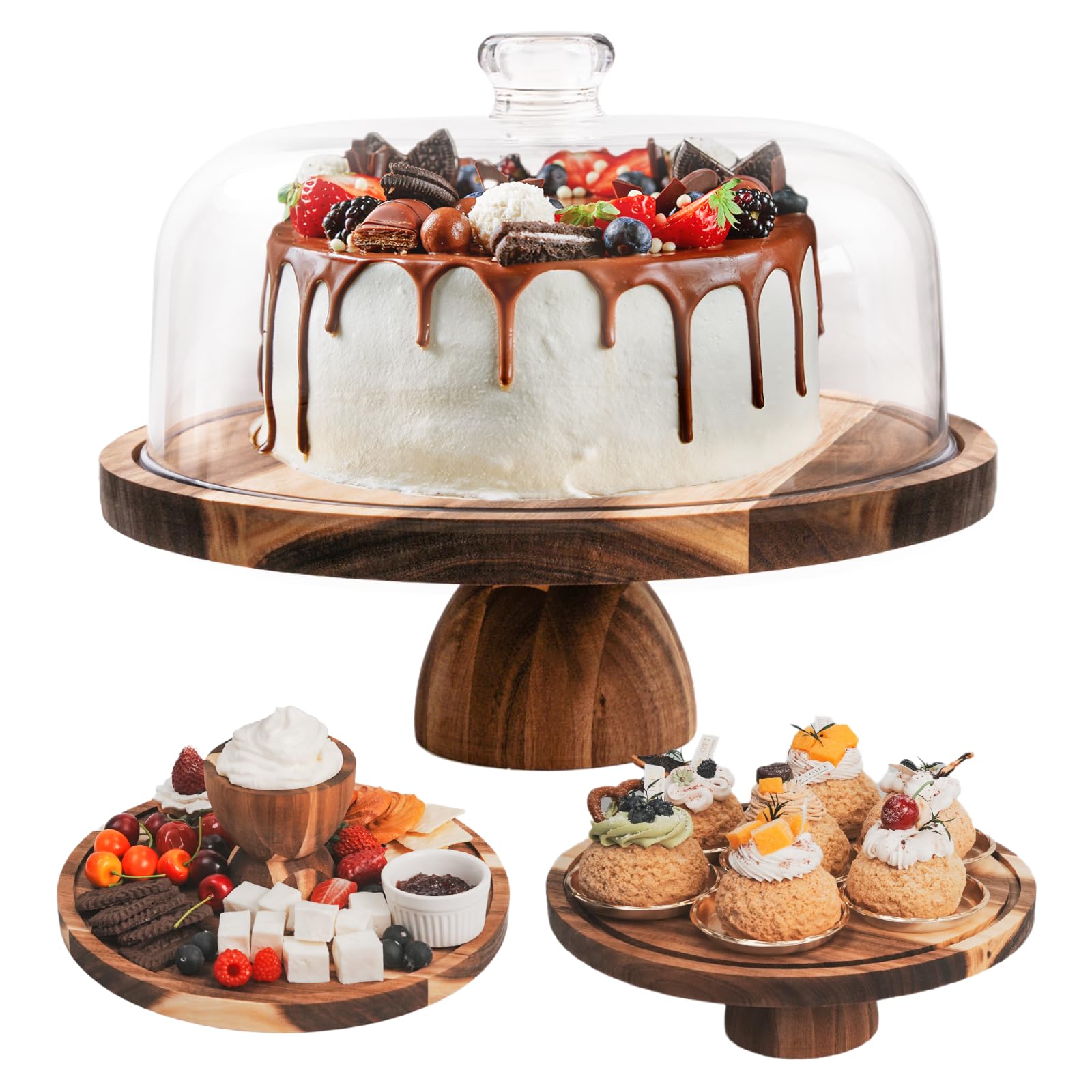 Photo 1 of **HAS MINOR SCRATCHES ON STAND SURFACE** RosiRoli Acacia Wood Cake Stand with Lid, (2-in-1) Multi-Functional Serving Platter,12in Round Display Set & Charcuterie Board for Cheese, Dips, Nachos, Fruit Platter