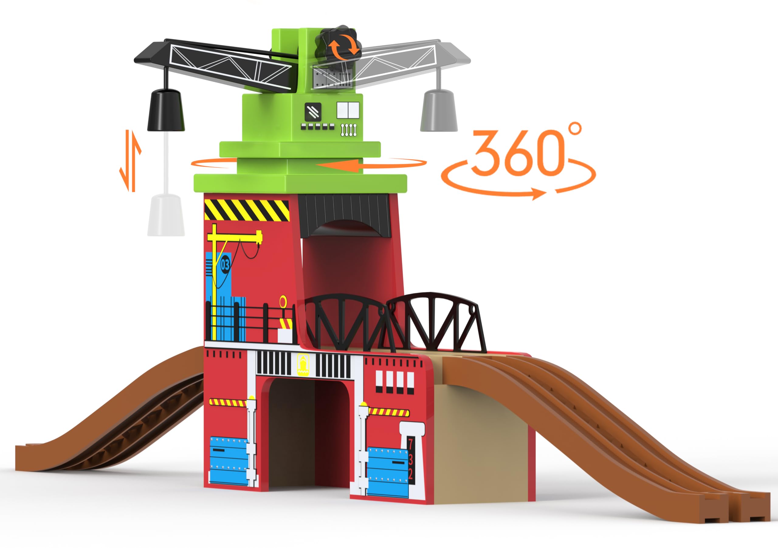 Toy Train Accessory with Track for Kids Age 3 and Up, Wooden Train Track Accessories Crane Bridge Compatible with Thomas, Brio, Chuggington, Melissa and Doug and All Major Brand Railway Track