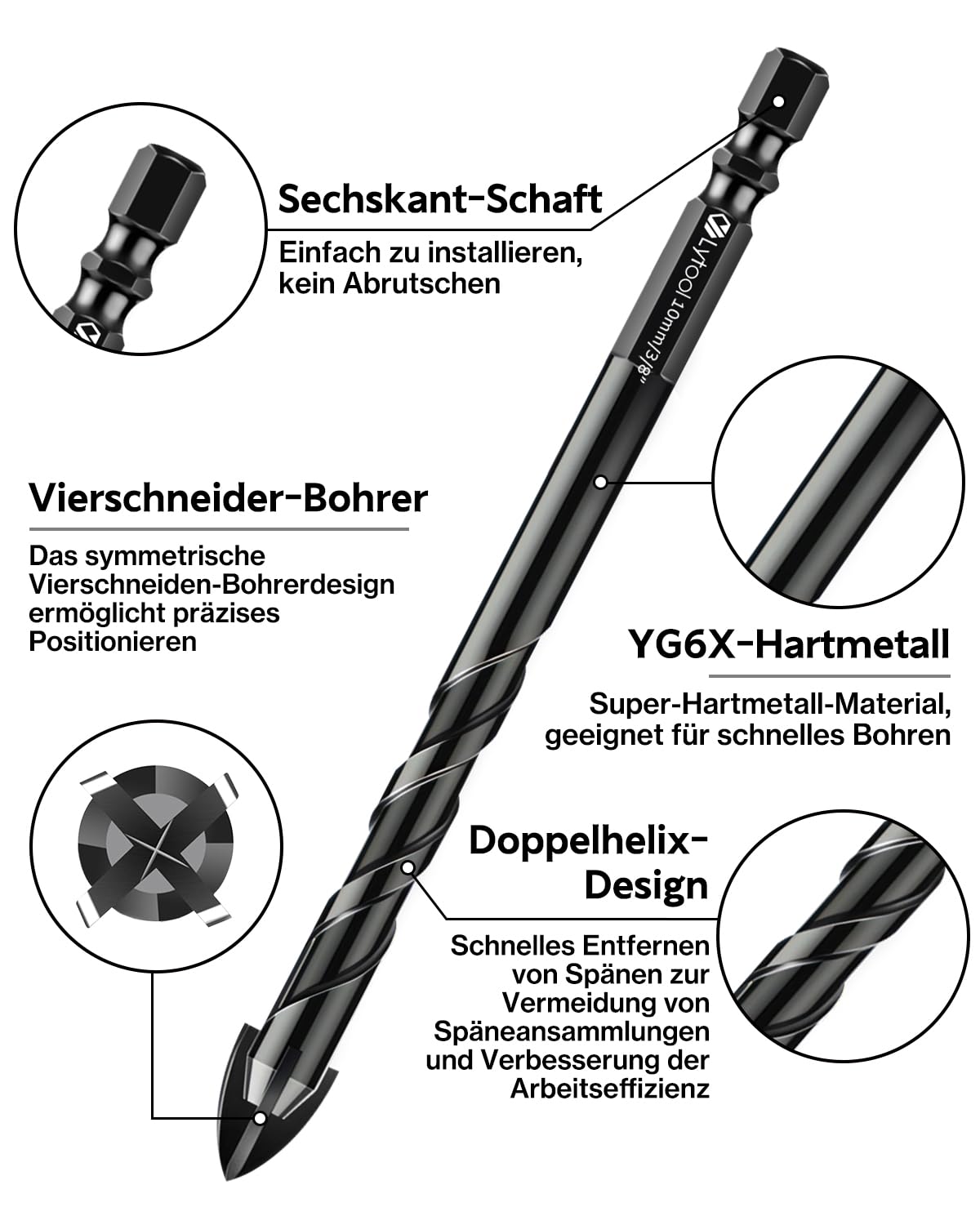 Fliesenbohrer, Lytool 10 tlg.Glasbohrer Steinbohrer Bohrer Set mit Sechskantschaft Universalbohrer für Metall Ziegel Glas Kunststoff Holz, Ø 3-12 mm 3
