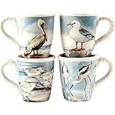 Shorebirds 18 oz. Ceramic Mugs, Set of 4 – Coastal Coffee Cups with Heron, Seagull, and Shorebird Artwork – Nature-Inspired Mugs for Hot Beverages, Breakfast, Gifting, or Display