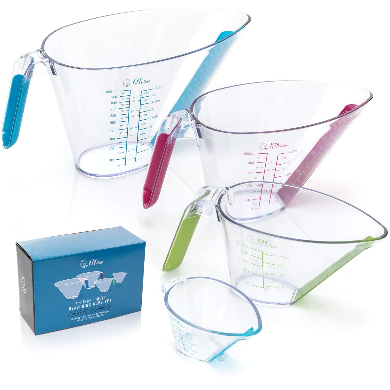 KPKitchen 4-Piece Angled Liquid Measuring Cups Plastic Set - BPA-Free Mini Oz, 1, 2 and 4 Plastic Measuring Cup Sizes - Measuring Cups For Liquids with ML & Cups Measures - Small & Large Measure Cup