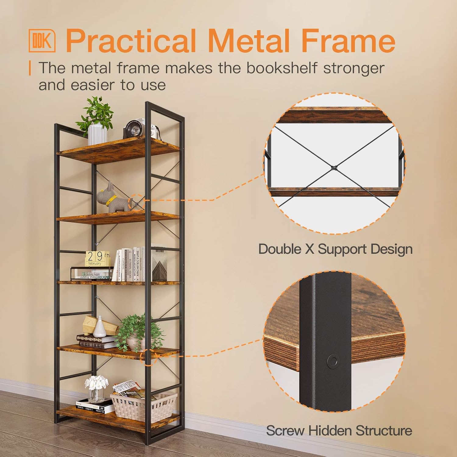 ODK Bookshelf, 5 Tier Tall Bookcase Shelf, Free Standing Units, Modern Book Shelf for Bedroom, Living Room and Home Office, Rustic Brown: Kitchen & Dining