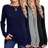 Huukeay 3 Pack Women's Long Sleeve Shirts 95% Cotton Boat Neck Sweatshirt Basic Tunic Top Loose Fit Outfit Wear with Leggings