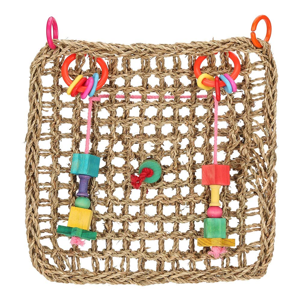Natural Seagrass Bird Chew Toy and Climbing Net for Parrots, Budgies, Parakeets, Macaws - Cage Accessories with Swing Rope Hanging Mat