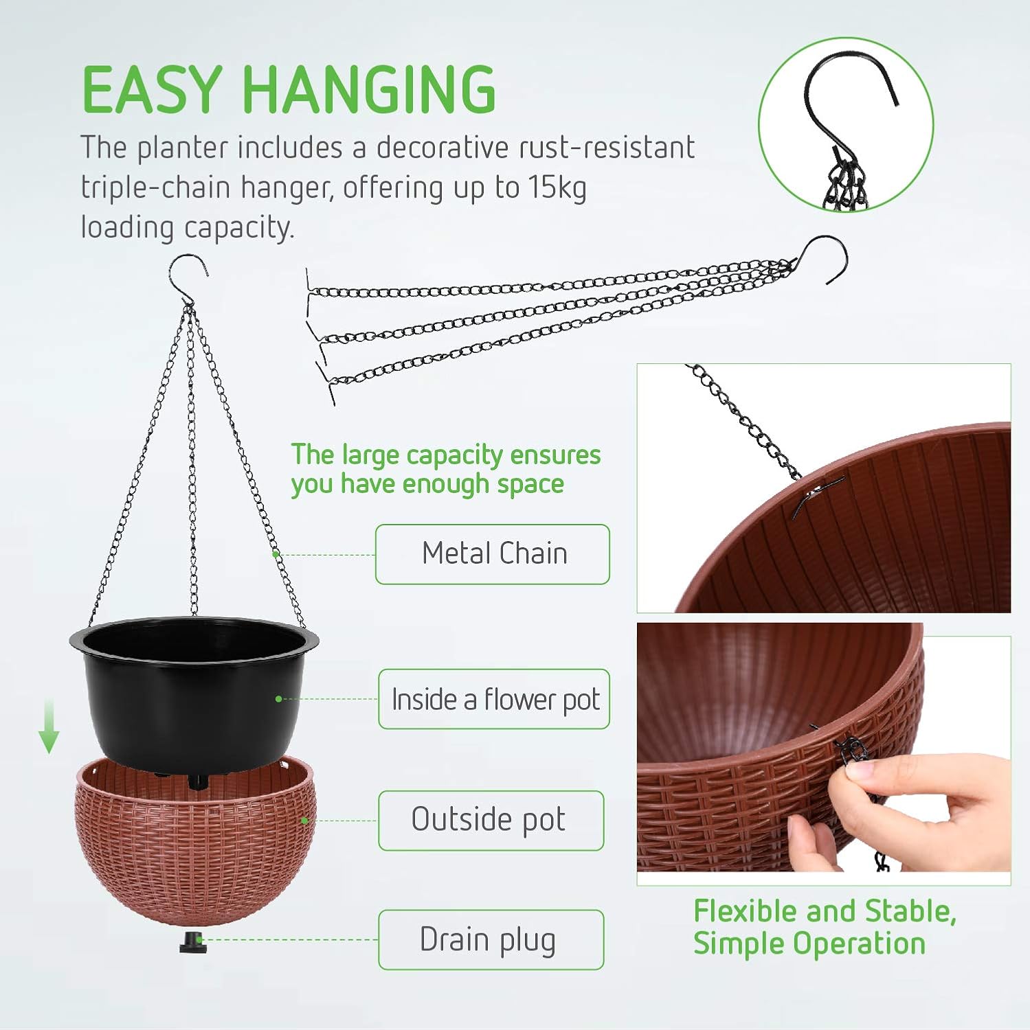 VIVOSUN 2 Pieces (8.3" & 10.2") Hanging Planter Self Watering Hanging Basket Flower Plant Pot Brown: Kitchen & Dining