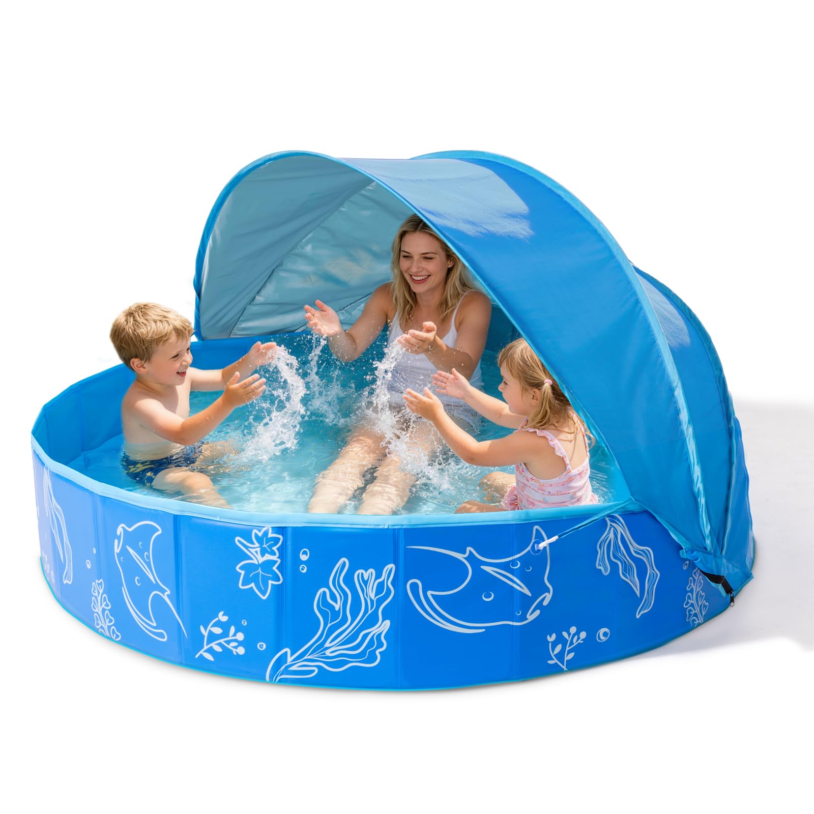 Hikiddy Paddling Pool with Shaded: 63in Pop-Up Splash Pool with Canopy for Summer Beach Garden (Blue, 63in) — image 1