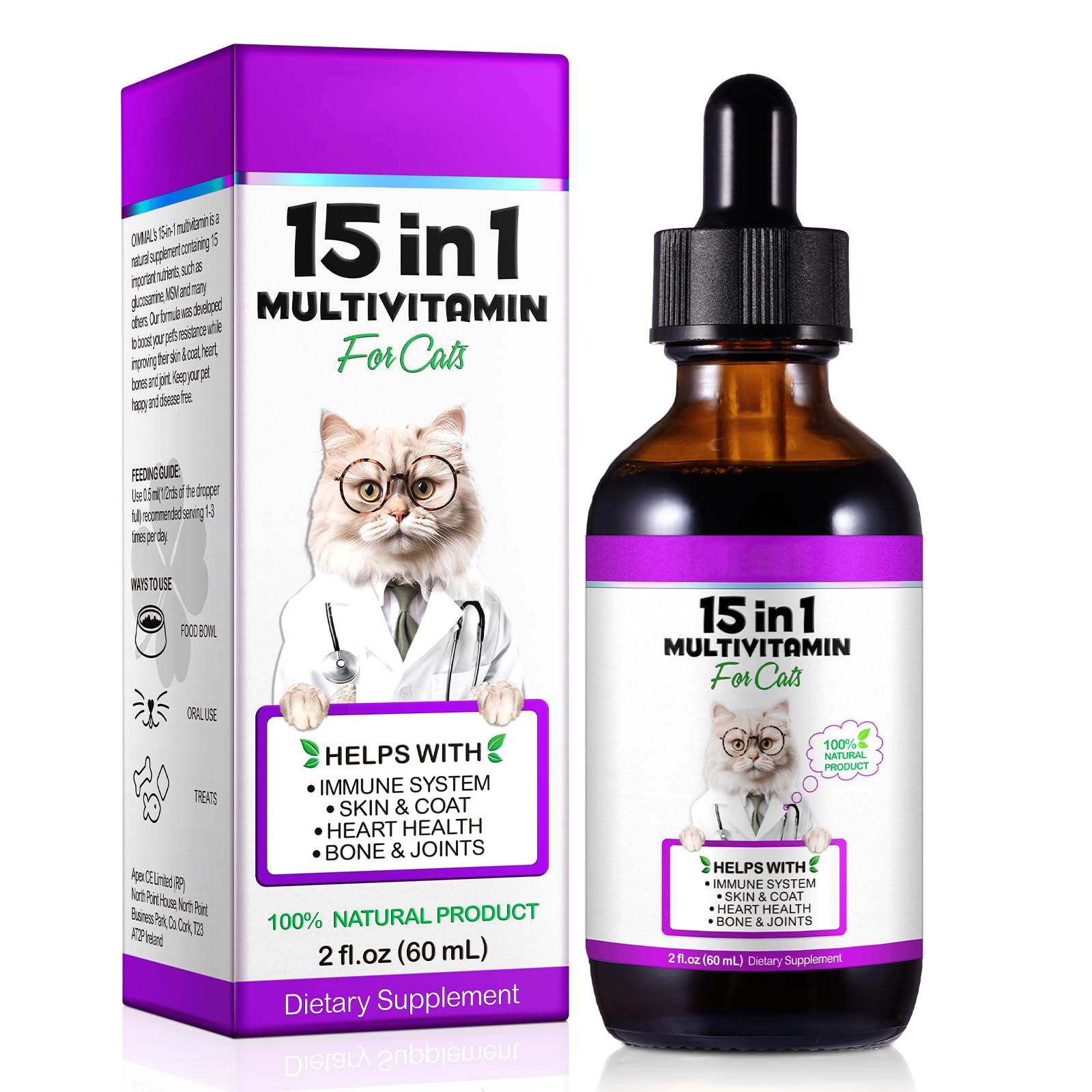 Cat Multivitamins, Multivitamin Liquid Drops for Cats, 15 in 1 Cat Vitamins with Glucosamine & MSM Supports Joint Care, Skin & Coat Support, Pets Supplies Cats Health Supplies Multivitamins - 2 Fl Oz