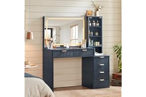 LEYAOYAO Vanity Desk with Mirror and Lights, 43.5'' Fluted Makeup Vanity with 6 Drawers and Adjustable Shelves, Glass Top Make Up Vanity, Girls Wood Dressing Table with Power Outlet for Bedroom