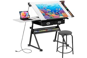 JupiterForce Drafting Table Art Desk w/Power Outlet and Stool, Adjustable Tilting Drawing Table Artist Desk with 2 Storage Drawers, Art Craft Work Station for Home Office Working, Writing, Crafting