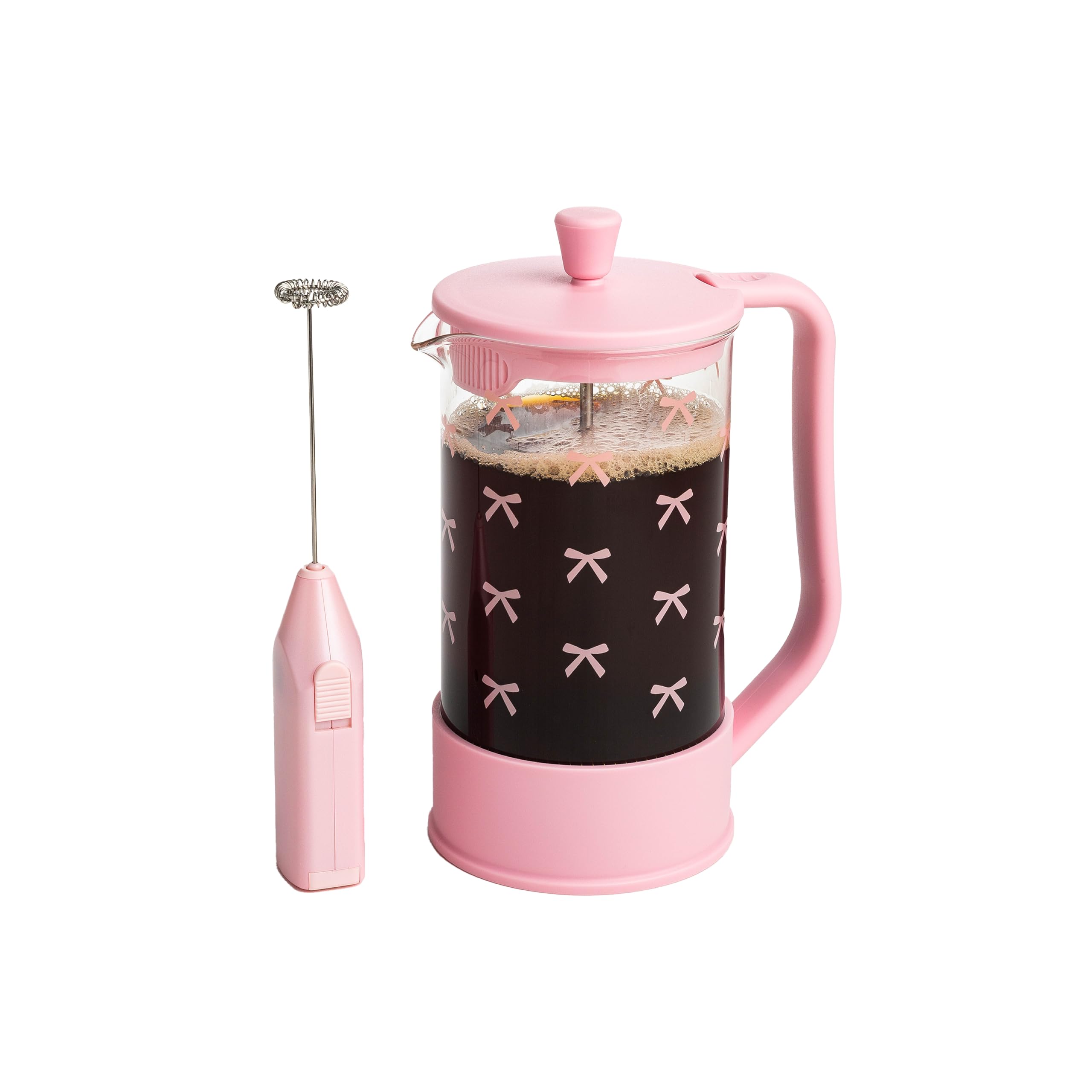 Photo 1 of Paris Hilton Bow Design French Press and Frother Coffee Gift Set, Includes a 8-Cup Coffee Press and Battery Operated Handheld Milk Frother, 2-Piece Set, Pink