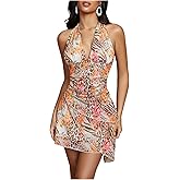 Milumia Women's Floral Leopard Tie Backless Halter Short Dress Sexy V Neck Layered Mesh Mini Dress