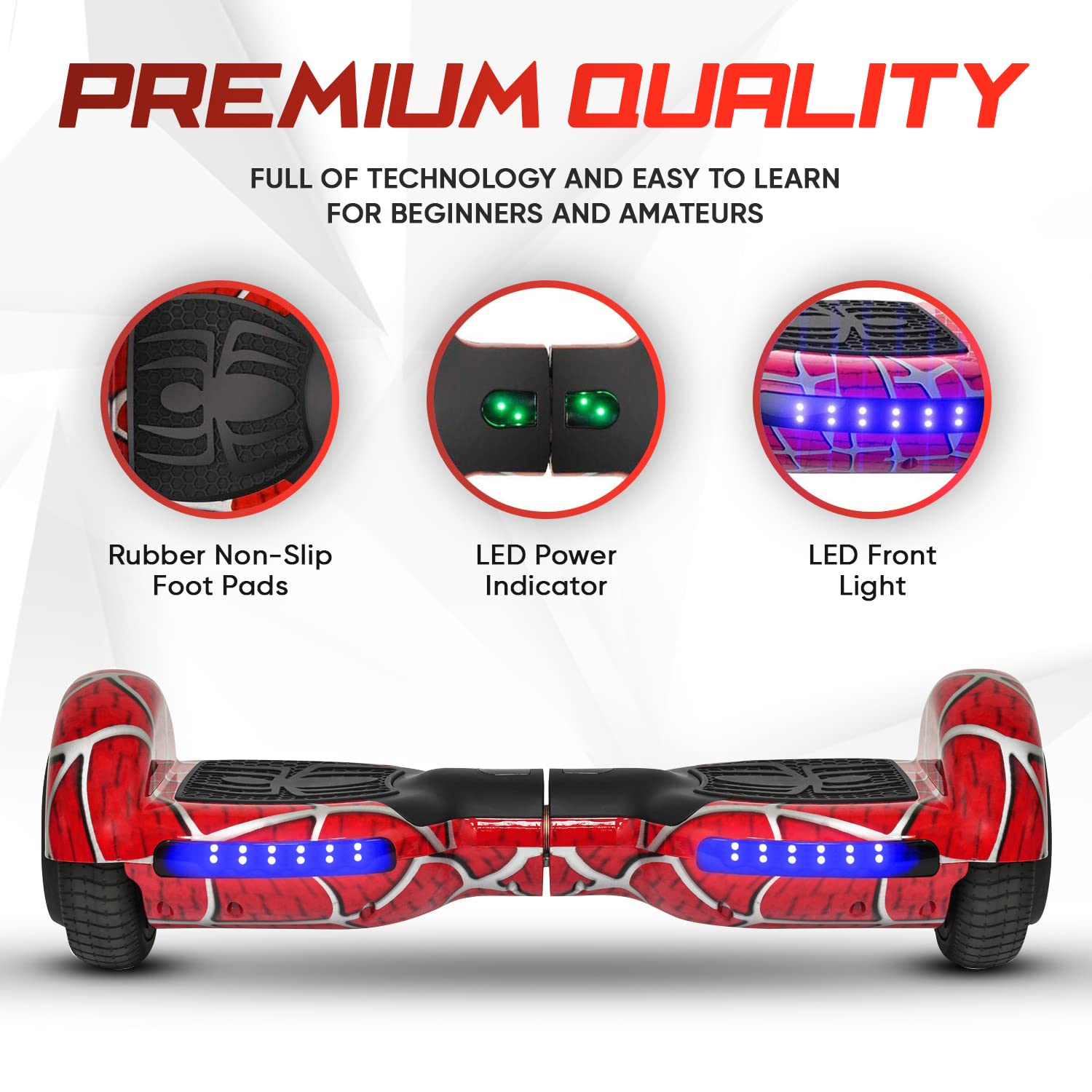 Spider-Pattern Hover Board for Kids Ages 6-12, with Bluetooth Speaker and LED Lights 6.5