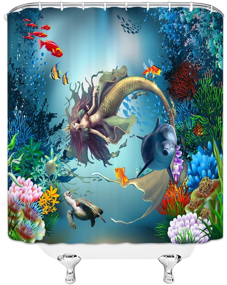 AMHNF Mermaid Shower Curtain Fairytale Girls Princess Turtle Shark Tropical Fish Coral Underwater Home Bathroom Decor Quick Dry Fabric with 12 Hooks,70x70 Inch,Blue Green