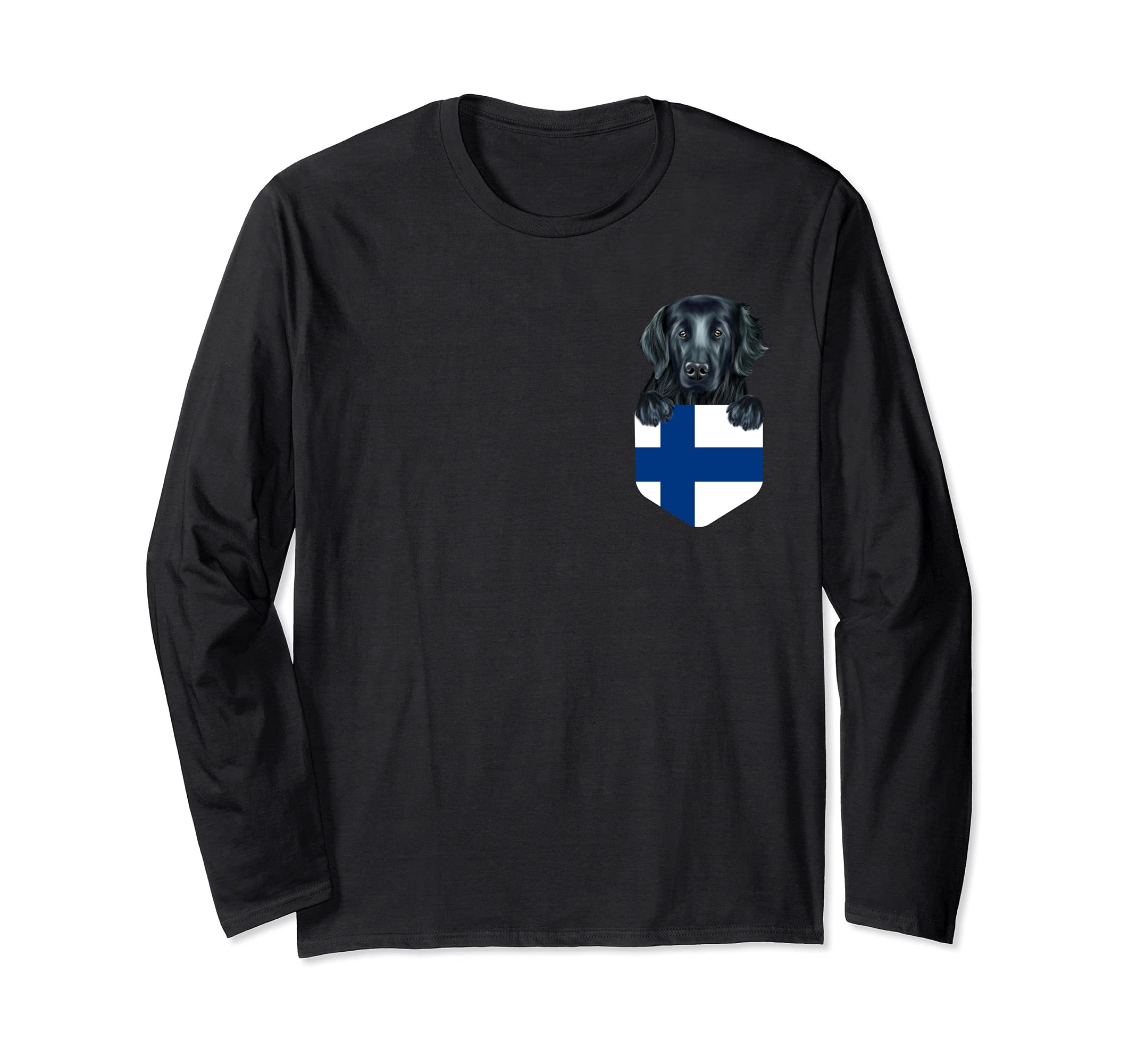 Finland Flag Flat-Coated Retriever Dog In Pocket Long Sleeve T-Shirt