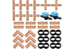 Kepmix 32 Pieces Drip Irrigation Fittings Kit: 1/2 Inch Drip Irrigation Tubing Set Includes 8 Couplings 8 Tees 6 Elbows 6 Plugs 2 Crosses 2 Valves for Sprinkler Systems