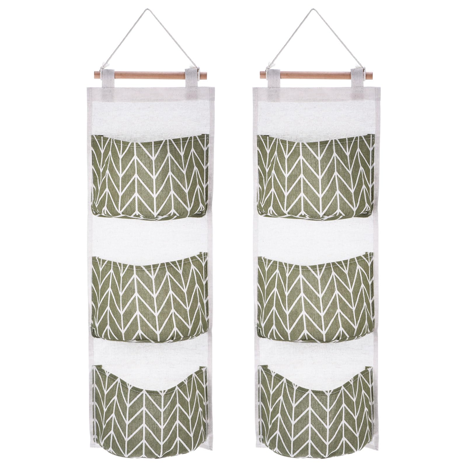 PATIKIL 3 Pockets Over Door Hanging Storage Bags, 2 Pack Cotton Linen Wall Mount Closet Organizer Pouches Waterproof for Bedroom Bathroom, Green