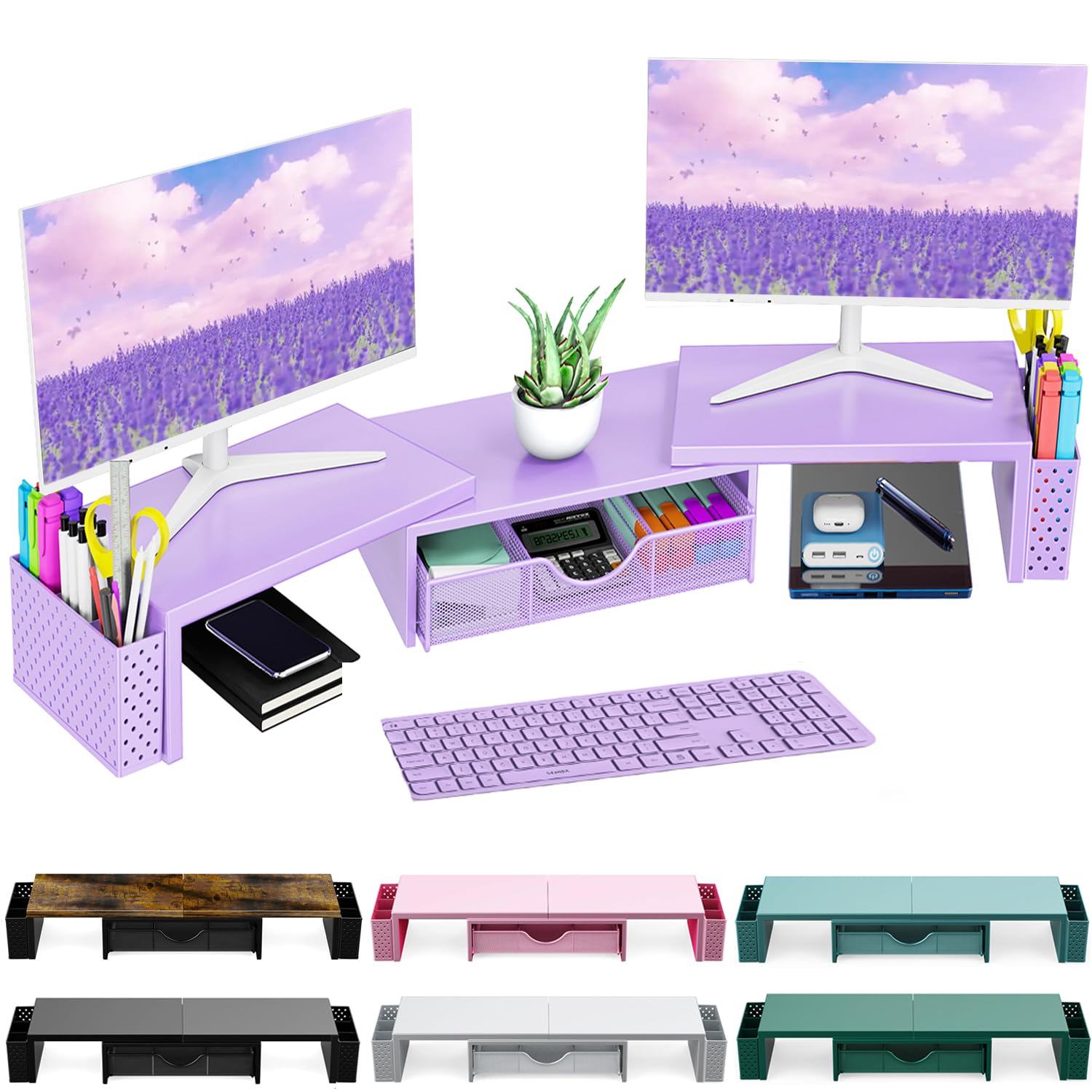 Photo 1 of Spacrea Metal Desk Organizers and Accessories, Dual Monitor Stand Riser with Drawer and 2 Pen Holders, Desk Accessories & Workspace Desktop Organizers for Office Supplies (Purple)