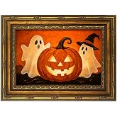 Framed Halloween Canvas Wall Art Vintage Pumpkin Ghost Print 10x8 Decor | Whimsical vintage Halloween painting print with pumpkin and ghost design, ready to hang wall decor living room entryway