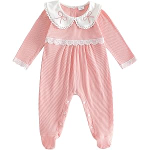 SHUING Newborn Baby Girl Outfit Doll Collar Lace Trim Bow Embroidery Long Sleeve Footies Ribbed Knit Romper Infant Jumpsuit