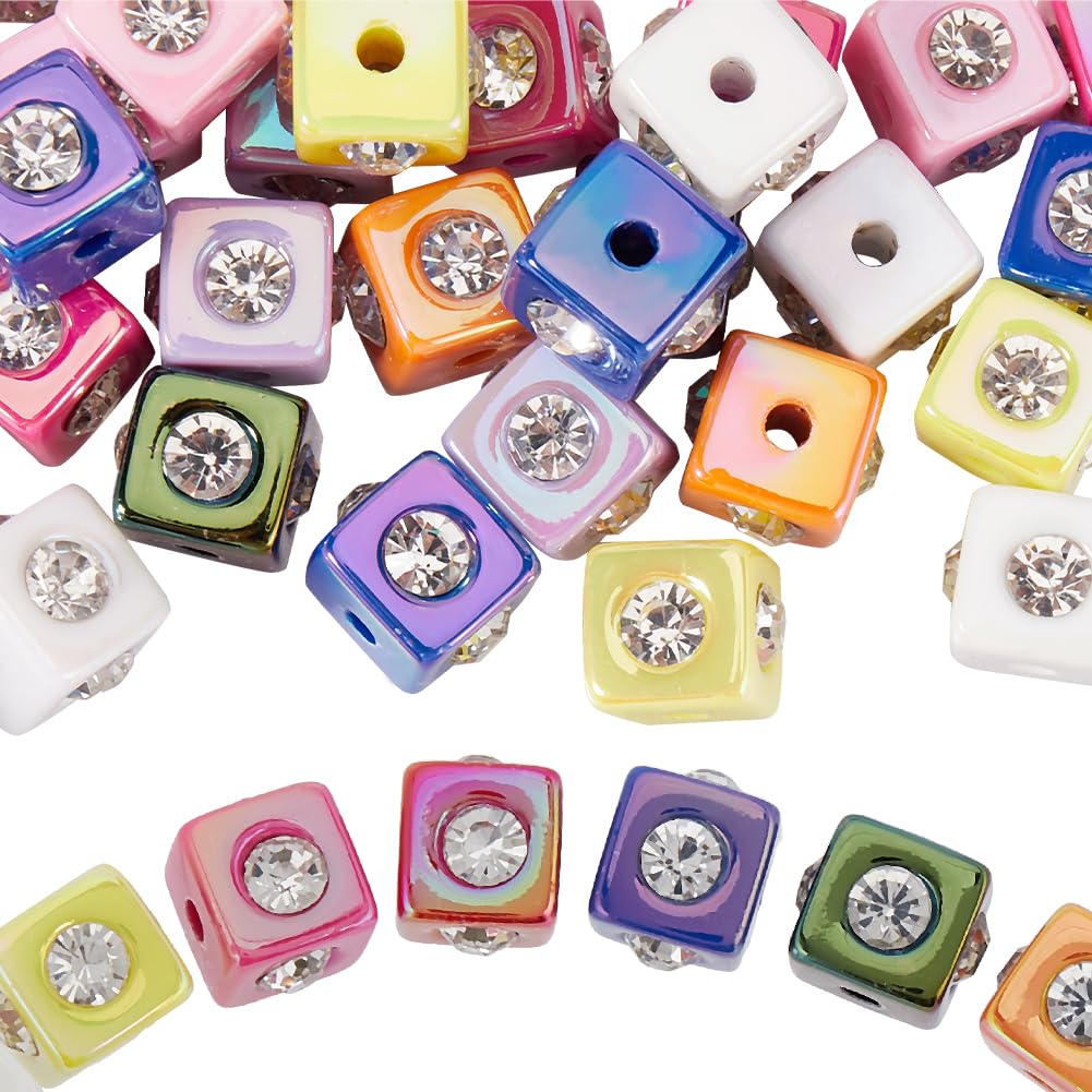 SUNNYCLUE 1 Box 30Pcs Square Rhinestone Bead Acrylic Cube Beads Bulk Colorful Plastic Focal Crystal Charm Bling Spacer Beadable Pen Bead for Pens Keychain Jewellery Making Bracelet Craft Accessories