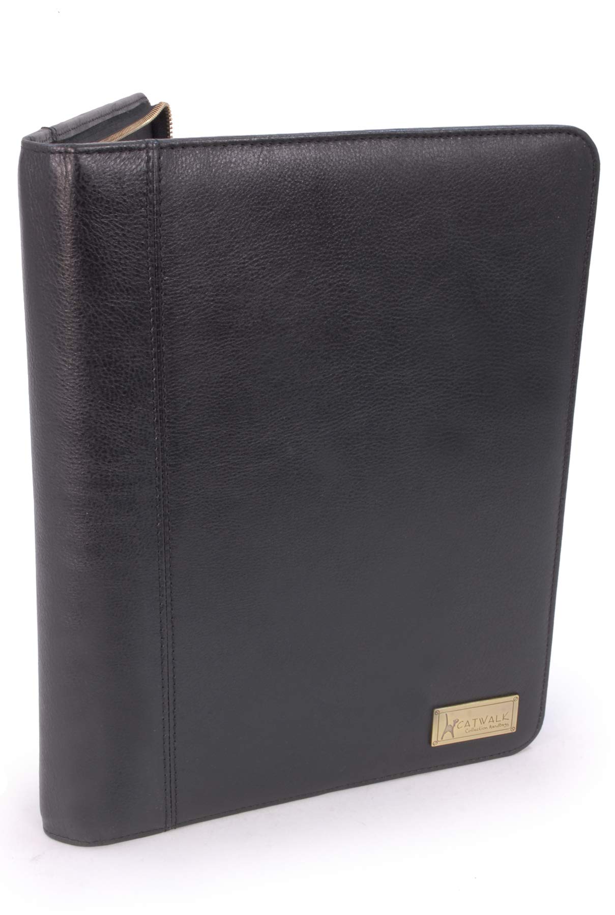 Catwalk Collection Handbags - Women's Leather A4 Zip Conference Folder - Business Document Portfolio with Notepad - Fits Tablet - Chloe - Black